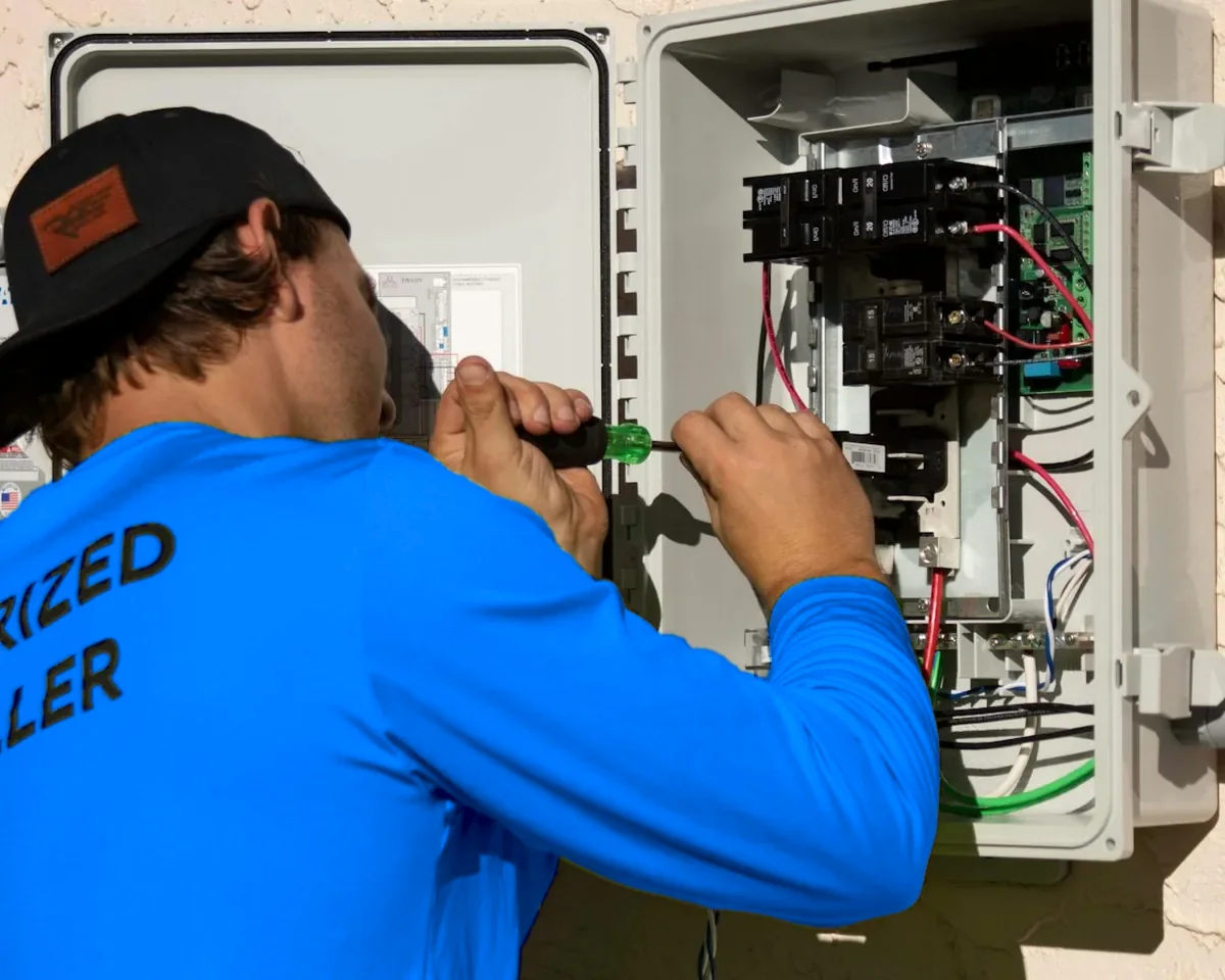 An electrician working on a panel while a call is answered for him