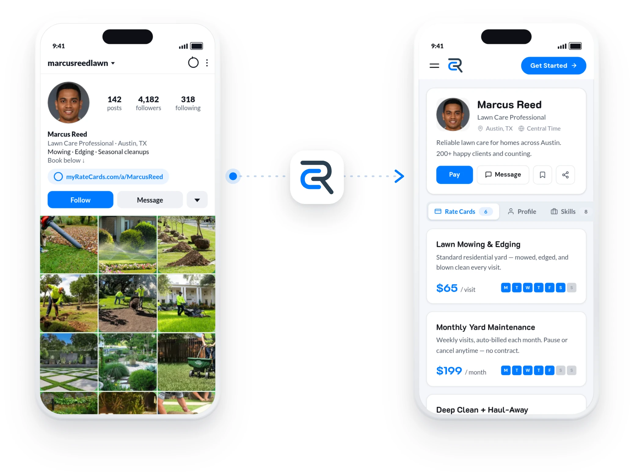 Marcus Reed's Instagram bio link opening his RateCards profile, where clients book and pay for lawn care services