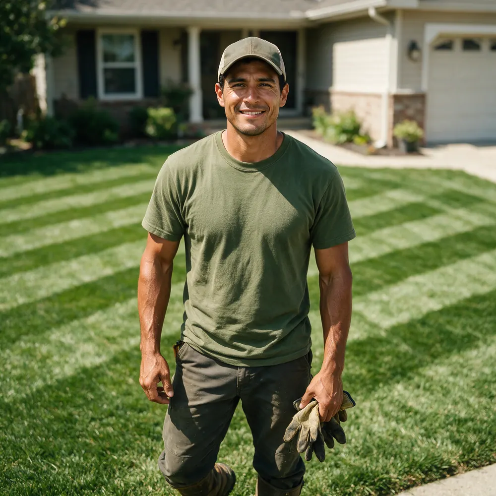 Lawn care professional mowing